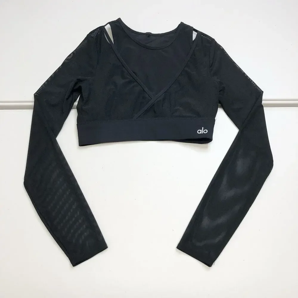 Alo Yoga Pivot Layered Long Sleeve Top Cropped Mesh Size Small Black